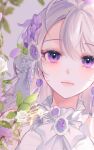  1girl blurry brooch depth_of_field eyelashes flower gem grey_background hair_flower hair_ornament highres jewelry light_smile long_hair looking_at_viewer moon_so_00 original petals plant portrait purple_eyes purple_flower rose smile solo symbol-only_commentary white_flower white_rose 