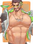  1boy abs absurdres alternate_pectoral_size bara bare_pectorals beard brown_hair chest_hair cropped_jacket cup draven drinking_glass facial_hair grin highres jacket large_pectorals league_of_legends male_focus mature_male muscular muscular_male navel navel_hair nipples official_alternate_costume open_clothes open_jacket pectorals quietscrappy short_hair smile solo stomach upper_body wine_glass 