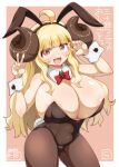 1girl :d ahoge anila_(granblue_fantasy) animal_ears areolae bangs blonde_hair blunt_bangs bow bowtie breasts brown_legwear cleavage curled_horns detached_collar draph eyebrows_visible_through_hair fake_animal_ears fake_tail granblue_fantasy horns huge_breasts leotard long_hair pantyhose playboy_bunny rabbit_ears rabbit_tail raiden_(raiden_labo) short_eyebrows smile solo tail thick_eyebrows v very_long_hair wrist_cuffs yellow_eyes 
