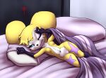  3_fingers bandai_namco bed bedding blanket blue_eyes breasts cute_fangs dialogue digimon digimon_(species) facial_markings featureless_breasts female fingers fur furball_(artist) furniture head_markings hybrid impmon lying markings narrowed_eyes navel on_bed on_side one_eye_closed pillow renamon renimpmon renimpmon_x short_stack solo squint under_covers waking_up yellow_body yellow_fur 