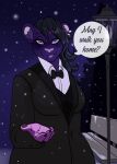  anthro bench big_breasts black_hair black_tie_(suit) blush bow_tie breasts clothing collared_shirt dark dialogue ear_piercing english_text extended_arm facial_piercing felid female fur hair hi_res ice inner_ear_fluff lion looking_at_viewer mammal natasha_riot night nose_piercing pantherine piercing purple_body purple_eyes purple_fur question rhari slightly_chubby smile smiling_at_viewer snow solo speech_bubble street_lamp suit talking_to_viewer text trans_(lore) trans_woman_(lore) tuft 