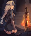  1girl bandaged_arm bandages barefoot blindfold bonfire_(dark_souls) braid braided_ponytail cosplay dark_souls_(series) dark_souls_iii eye_mask fire fire_keeper fire_keeper_(cosplay) full_body glowing grey_hair long_hair parted_lips sitting solo squeezable_(artist) 