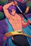  1boy abs absurdres armpits bara closed_mouth dark-skinned_male dark_skin ensemble_stars! flower highres holding holding_sword holding_weapon lif_(shuroong) looking_at_viewer lotus male_focus muscular muscular_male nipples otogari_adonis pectorals purple_hair smile solo sword water weapon yellow_eyes 