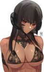  1girl :o abs au_ra avatar_(ffxiv) bangs bare_shoulders black_bra black_hair black_horns body_markings bra breasts cleavage dark-skinned_female dark_skin dragon_girl dragon_horns facial_mark final_fantasy final_fantasy_xiv halterneck highres horns lace lace_bra large_breasts lilycious lingerie long_hair looking_at_viewer red_eyes scales simple_background solo string_bra underwear underwear_only upper_body white_background 