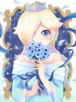 1girl absurdres bare_shoulders blonde_hair blue_eyes blue_flower covering_mouth crown dress earrings eyebrows_visible_through_hair fingernails flower hair_over_one_eye highres holding holding_flower jewelry looking_at_viewer mario_(series) norimaki_(nrmk_norinori) off-shoulder_dress off_shoulder purple_nails rosalina solo star_(symbol) star_earrings strapless strapless_dress wide_sleeves 