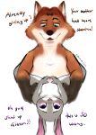  anthro blue_eyes canid canine dialogue disney duo female fox fur gideon_grey gloves_(marking) grey_body grey_fur hi_res judy_hopps lagomorph leporid lettuceoncat male male/female mammal markings nude orange_body orange_fur penetration purple_eyes rabbit sex simple_background white_background zootopia 