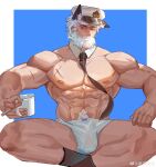  1boy abs absurdres animal_ears arknights bara beard black_necktie briefs bulge cat_ears cigarette cross_scar crossed_legs cup detached_collar facial_hair hat highres holding holding_cup large_pectorals male_focus male_underwear mature_male mug muscular muscular_male mustache navel navel_hair necktie nipples old old_man pancho_salas_(arknights) pectorals sailor_hat scar scar_on_chest short_hair simple_background socks solo stomach thick_thighs thighs topless_male underwear underwear_only wet wet_clothes wet_male_underwear white_hair white_male_underwear xiedaifenshi_(7329016845) 