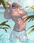  1boy abs absurdres animal_ears arknights bandaid bandaid_on_cheek bara brown_eyes brown_hair bulge chinese_commentary cow_boy cow_ears cow_horns hands_up highres horns large_pectorals looking_at_viewer male_focus male_swimwear matterhorn_(arknights) matterhorn_(beach_guard)_(arknights) medium_hair muscular muscular_male navel nipples official_alternate_costume pectorals plant see-through_legwear sideburns smile solo stomach sunlight swim_briefs swim_trunks swimsuit swimsuit_under_clothes thick_eyebrows thick_thighs thighs topless_male wading water wet wet_clothes wet_swimsuit white_male_swimwear xiedaifenshi_(7329016845) 