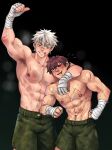  2boys abs arm_around_shoulder arm_up armpit_hair armpits bandaged_hand bandaged_wrist bandages bara brown_eyes brown_hair chest_hair green_shorts grin highres large_pectorals looking_at_another male_focus multiple_boys muscular muscular_male navel nipples one_eye_covered original pectorals scar scar_on_chest shorts smile sweat sweatdrop topless topless_male user_nndd2428 white_hair 
