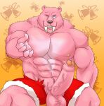  2020 5_fingers abs anthro balls bell biceps big_penis black_nose blue_eyes booster_(jingle_all_the_way) bottomwear clothing fangs felid fingers foreskin fur genitals grin hi_res jabuhusky jingle_all_the_way leg_muscles looking_at_viewer machairodontine male mammal muscular muscular_anthro muscular_male one_eye_closed partially_retracted_foreskin pattern_background pecs penis pink_balls pink_body pink_fur pink_penis reaching red_bottomwear red_clothing red_shorts sabertooth_(anatomy) sabertoothed_cat shorts signature simple_background sitting smile solo torn_clothing v-cut wink yellow_background 