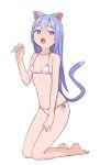  1girl animal_ears bangs bare_arms bare_legs bare_shoulders barefoot bikini blush breasts cat_ears cat_girl cat_tail claw_pose eyebrows_visible_through_hair full_body hair_between_eyes hand_up kneeling long_hair navel open_mouth original purple_eyes purple_hair saiste side-tie_bikini simple_background small_breasts solo sweat swimsuit tail tail_raised very_long_hair white_background white_bikini 