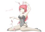  1girl absurdres alternate_costume animal_ears arm_up black_footwear black_leotard bow bowtie breasts card cleavage covered_navel detached_collar garters green_eyes high_heels highres large_breasts leotard long_hair looking_at_viewer pantyhose parted_lips playing_card ponytail pyrrha_nikos rabbit_ears rabbit_tail red_hair rwby sitting solo tail tiara touching_ears translation_request tsukimizake white_background wrist_cuffs yokozuwari 