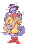  2021 anthro azul_(artist) blazing_dragons clothed clothing dragon hi_res horn lute male musical_instrument plucked_string_instrument purple_body scalie simple_background solo string_instrument the_wandering_minstrel white_background wings 
