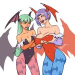  2girls alternate_breast_size alternate_height animal_print artist_name bangs bare_shoulders bat_print black_leotard black_wings blue_legwear breasts bridal_gauntlets cleavage covered_navel covered_nipples crossed_arms dated gloves green_hair head_wings highres large_breasts leotard lilith_aensland long_hair low_wings lukas_klaudat morrigan_aensland multiple_girls off_shoulder orange_gloves pantyhose print_legwear purple_gloves purple_hair purple_legwear red_eyes red_leotard red_wings short_hair small_breasts vampire_(game) white_background white_eyes wings 