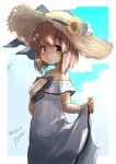 1girl absurdres blue_sky brown_eyes brown_hair cloud commentary_request dated dress fyuo hat highres kantai_collection looking_at_viewer official_alternate_costume short_hair skirt_hold sky solo speaking_tube_headset straw_hat sun_hat sundress twitter_username white_dress yukikaze_(kancolle) 