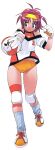  1girl absurdres ball bangs blue_eyes buruma clenched_hand eyebrows_visible_through_hair full_body hairband highres holding holding_ball knee_pads medium_hair midriff_peek numbered orange_buruma original red_hair scan shoes short_sleeves simple_background smile sneakers solo volleyball white_background yoshizaki_mine 