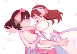  2girls blue_hairband blush bow brown_hair closed_eyes closed_mouth date_sayuri dress falling_petals from_side hair_bow hairband imminent_hug liyuu long_hair love_live! love_live!_superstar!! medium_hair multiple_girls open_mouth petals pink_bow profile puffy_short_sleeves puffy_sleeves short_sleeves simple_background smile upper_body uuu&amp;no voice_actor white_background white_dress 