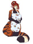  ailurid anthro apron apron_only beverage big_breasts breasts butt candidteeth_(artist) clothed clothing coffee coffee_cup container cup eyewear felid female food fur glasses hair hi_res hybrid looking_at_viewer mammal mostly_nude pantherine red_panda simple_background smile solo stripes tiger 