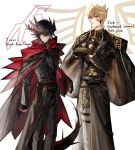  2boys 2rzmcaizerails6 absurdres adjusting_clothes adjusting_gloves bangs belt belt_buckle black_belt black_coat black_gloves black_hair black_jacket black_pants black_rose_dragon black_rose_dragon_(cosplay) blonde_hair blue_eyes buckle character_name coat cosplay dragon_tail earthbound_immortal_aslla_piscu earthbound_immortal_aslla_piscu_(cosplay) eyebrows_visible_through_hair fingerless_gloves fudou_yuusei gloves hair_between_eyes highres jack_atlas jacket jacket_on_shoulders long_sleeves looking_at_viewer male_focus multiple_boys necktie pants short_hair_with_long_locks sidelocks solo spiked_hair standing tail white_background yellow_necktie yu-gi-oh! yu-gi-oh!_5d&#039;s 