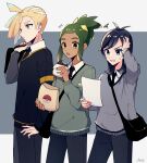  3boys absurdres ahoge alternate_costume antenna_hair bag bangs black_bag black_necktie black_pants black_sweater blonde_hair closed_mouth collared_shirt ear_piercing eating elio_(pokemon) gladion_(pokemon) green_eyes green_hair green_sweater grey_sweater hand_on_hip hand_up hau_(pokemon) highres holding holding_paper long_sleeves male_focus multiple_boys necktie notice_lines open_mouth pants paper paper_bag piercing pokemon pokemon_(game) pokemon_sm shirt short_hair shoulder_bag signature squiggle sweatdrop sweater tere_asahi white_shirt 