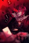  1boy ahoge bangs black_gloves card choker collarbone crossed_bangs crown cup dripping flaming_eye gloves hair_between_eyes heart heart_ahoge heart_print highres holding holding_cup ink ink_on_face inkblot kakkou_(kakkkkkou) looking_at_viewer male_focus mini_crown overblot overflow parted_lips playing_card red_background red_eyes red_hair riddle_rosehearts saucer short_hair sitting smile solo teacup torn_clothes twisted_wonderland 