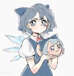  1girl :3 :t bangs big_eyes blue_bow blue_dress blue_eyes blue_hair blue_ribbon blush bow bright_pupils cirno closed_mouth collar dress hair_bow hair_ribbon ice ice_wings neck_ribbon pinafore_dress pout puffy_short_sleeves puffy_sleeves red_bow retro_artstyle ribbon shirt short_hair short_sleeves skullchimes sleeves touhou upper_body v-shaped_eyebrows white_collar white_pupils white_shirt wings yukkuri_shiteitte_ne 