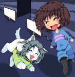  blush canid canine clothed clothing courtneykhadija felid feline feral fur hair happy human mammal protagonist_(undertale) smile tem temmie_(undertale) tongue topwear undertale undertale_(series) video_games white_body white_fur 