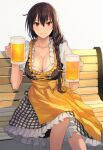  1girl alcohol alternate_costume apron barmaid beer beer_mug bench black_dress black_hair blouse breasts cleavage cup dirndl dress eyebrows_visible_through_hair german_clothes hair_between_eyes highres holding holding_cup kantai_collection kasumi_(skchkko) large_breasts long_hair mug nagato_(kancolle) oktoberfest pinafore_dress puffy_short_sleeves puffy_sleeves red_eyes shirt short_sleeves sitting skirt solo traditional_clothes underbust waist_apron waitress white_shirt yellow_apron 