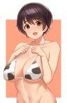  1girl :d animal_print bangs bikini bikini_top black_hair border bow breasts brown_hair cleavage collarbone commentary_request cow_print eyebrows_visible_through_hair groin halter_top halterneck hands_on_own_chest hands_up idolmaster idolmaster_cinderella_girls large_breasts looking_at_viewer navel oikawa_shizuku open_mouth orange_bow out-of-frame_censoring outside_border print_bikini short_hair simple_background smile solo swimsuit tareme tomajiyama upper_body white_border 