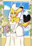  absurd_res anthro bedroom_eyes blackmore breasts cleavage clothed clothing digital_media_(artwork) dress female flower hi_res holding_flower holding_object looking_at_viewer narrowed_eyes nintendo pikachu plant pok&eacute;mon pok&eacute;mon_(species) raised_tail seductive smile solo standing video_games wedding wedding_dress wedding_veil yellow_body 