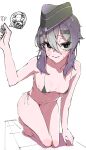  1girl bare_arms bare_legs barefoot bikini black_bikini black_eyes blue_archive blush breasts closed_mouth commentary_request covered_nipples e_sky_rugo full_body garrison_cap hair_ornament hairclip hand_up haruka_(blue_archive) hat highres kneeling medium_hair micro_bikini purple_hair purple_headwear side-tie_bikini simple_background small_breasts solo sweat swimsuit tearing_up tears wavy_mouth white_background 