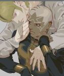  2boys black_eyes blonde_hair blue_eyes dark-skinned_male dark_skin donatello_versace enrico_pucci facial_hair hand_in_hair highres hug hug_from_behind jojo_no_kimyou_na_bouken long_sleeves looking_at_another male_focus mgong520 multiple_boys priest stone_ocean white_hair 