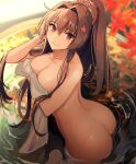  1girl ass autumn_leaves bad_anatomy bangs bath bathing breast_hold breasts brown_hair cleavage collarbone covering eyebrows_visible_through_hair flower hair_between_eyes hair_flower hair_intakes hair_ornament highres kantai_collection kasumi_(skchkko) large_breasts long_hair looking_at_viewer looking_up nude_cover onsen outdoors partially_submerged ponytail reflection ripples rock smile solo towel tree very_long_hair wading water water_spring wet yamato_(kancolle) 