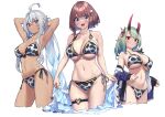  3girls :o absurdres ahoge akari_(baffu) animal_print armpits arms_behind_head baffu bangs bare_hips bare_shoulders bikini blue_eyes blue_hair blush breasts broken_horn brown_hair cleavage closed_mouth clothes_removed commentary_request cow_print cowboy_shot dark-skinned_female dark_skin eyebrows_visible_through_hair flower gradient_hair green_hair hair_between_eyes hair_flower hair_ornament heterochromia highres hitoyo_(baffu) horns jacket jacket_partially_removed large_breasts long_hair long_sleeves looking_at_viewer medium_breasts multicolored_hair multiple_girls navel off_shoulder oni oni_horns open_clothes open_jacket open_mouth original partially_undressed plump pointy_ears print_bikini purple_eyes red_eyes red_horns reward_available side-tie_bikini silver_hair simple_background skin_tight skindentation smile standing stomach streaked_hair swimsuit thick_thighs thigh_strap thighhighs thighs underboob undressing very_long_hair white_background yuuna_(baffu) 