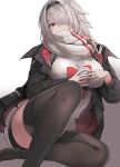  1girl azur_lane black_hairband black_jacket black_legwear braid breasts colorado_(azur_lane) colorado_(traveling_melody)_(azur_lane) gradient gradient_background grey_hair hair_over_one_eye hairband highres jacket knee_up large_breasts liaowen long_hair long_sleeves looking_at_viewer one_eye_covered red_eyes scarf sitting solo thighhighs thighs two-tone_background white_scarf 