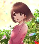  1girl bangs blurry blush bob_cut brown_eyes brown_hair buttons collared_dress commentary_request day dress eyelashes gloria_(pokemon) haru_(haruxxe) leaf open_mouth outdoors pink_dress plant pokemon pokemon_adventures short_hair solo tongue upper_body 