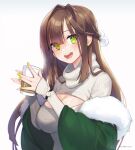  1girl :d blush braid breasts brown_hair cleavage cleavage_cutout clock clothing_cutout coat commentary_request cup disposable_cup earrings eyebrows_visible_through_hair eyes_visible_through_hair fur-trimmed_coat fur_trim green_coat green_eyes green_nails hair_intakes highres holding holding_cup jewelry long_hair long_sleeves looking_at_viewer maven medium_breasts mole mole_on_breast nail_polish noixen off_shoulder open_clothes open_coat open_mouth original ribbed_sweater round_teeth shiny shiny_hair signature simple_background sleeves_past_wrists smile solo sweater teeth turtleneck turtleneck_sweater upper_body upper_teeth watch white_background white_sweater wristwatch 