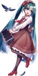  1girl :d absurdres aqua_hair bangs bird black_legwear blue_eyes blue_feathers blue_hair blush bow brown_dress collared_shirt dress frilled_dress frills gradient_hair hair_between_eyes hair_bow hatsune_miku highres holding leaning_back leg_up long_hair marutenmaruten mary_janes medium_dress multicolored_hair necktie pantyhose pinafore_dress red_bow red_footwear red_necktie shiny shiny_hair shirt shoes simple_background smile solo standing sweatdrop twintails very_long_hair vocaloid white_background white_shirt wing_collar 