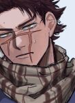  1boy brown_eyes brown_hair face golden_kamuy highres looking_at_viewer male_focus nipples no_headwear scar scar_on_cheek scar_on_face scar_on_mouth scar_on_nose scarf serious short_hair sideburns solo spiked_hair sugimoto_saichi ton_(ton19130318) unfinished upper_body wet wet_hair 