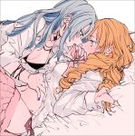  2girls amane_(7783) blue_eyes blue_hair blue_nails blush breasts character_request commentary_request copyright_request eyebrows_visible_through_hair hand_under_clothes highres jewelry lying mismatched_nail_polish mouth_hold multiple_girls nail_polish navel on_back orange_hair pink_nails ribbon ribbon_in_mouth ring sheet_grab sweat yuri 