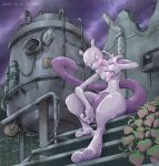  chain cloud cloudy_sky commentary_request dated energy from_below highres katkichi leaf looking_down mewtwo outdoors pink_eyes pokemon pokemon_(creature) ruins signature sitting sky solo stairs toes 