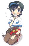  1boy bangs barefoot baseball_cap black_hair black_headwear blush brown_pants commentary_request elio_(pokemon) eyebrows_visible_through_hair finger_to_mouth grey_eyes grin hat highres litten looking_at_viewer male_focus medium_hair mikanbako_(aitatadon3) on_lap pants pokemon pokemon_(creature) pokemon_(game) pokemon_on_lap pokemon_sm shirt short_sleeves shushing sitting sleeping smile striped striped_shirt swept_bangs t-shirt 