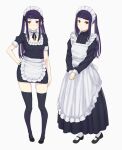  1girl apron asakiri_koko blush breasts cleavage highres jill_stingray long_hair long_skirt long_sleeves maid maid_apron maid_headdress miniskirt purple_hair red_eyes shoes short_sleeves skirt socks solo thighhighs twintails va-11_hall-a white_background 