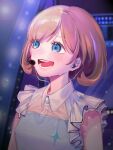  1girl blue_eyes blue_shirt blurry blurry_background brown_hair chinese_commentary commentary_request earbuds earphones eyebrows_visible_through_hair frilled_shirt frills headset highres light_particles love_live! love_live!_superstar!! music open_mouth shirt short_hair singing sleeveless sleeveless_shirt smile solo sweat tang_keke teeth two-tone_shirt upper_body uuu&amp;no white_shirt 