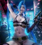  1girl arm_tattoo armpits banned_artist black_choker blue_hair braid breasts choker clenched_teeth commentary english_commentary fishnet_legwear fishnets gun handgun holding holding_gun holding_weapon jewelry jinx_(league_of_legends) league_of_legends light_smile long_hair looking_at_viewer medium_breasts navel navel_piercing patreon_username pendant piercing pink_eyes pistol sakimichan solo stomach_tattoo tattoo teeth twin_braids weapon 