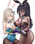  2girls :d animal_ears aqua_eyes aqua_leotard areola_slip areolae asuna_(blue_archive) bangs bare_shoulders between_breasts black_hair black_headband black_leotard blue_archive bow bowtie breasts clenched_teeth commentary_request condom covered_navel cowboy_shot dark-skinned_female dark_skin detached_collar dildo earrings egg_vibrator fake_animal_ears fishnet_legwear fishnets gloves hair_over_one_eye headband high_ponytail highleg highleg_leotard highres holding holding_tray jewelry karin_(blue_archive) large_breasts leotard looking_at_viewer mole mole_on_breast multiple_girls official_alternate_costume open_mouth pantyhose parted_bangs platinum_blonde_hair playboy_bunny rabbit_tail sex_toy sidelocks signature simple_background sitting smile standing strapless strapless_leotard t3x tail teeth tray used_condom vibrator white_background white_gloves white_headband yellow_eyes 