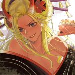  1girl bare_shoulders black_kimono black_maria_(one_piece) blonde_hair blue_eyes brass_knuckles breasts cleavage commentary english_commentary eyelashes flower hair_flower hair_ornament hair_up happy highres horns japanese_clothes kimono long_hair mygiorni one_piece smile solo twitter_username weapon 