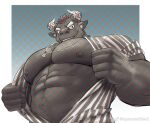  1boy abs animal_ears bara bare_pectorals brown_fur cow_ears cow_horns ep06 facial_hair from_below furry furry_male goatee gyumao_(housamo) horns large_pectorals male_focus mature_male minotaur mohawk muscular muscular_male navel nipples pectorals red_hair shirt short_hair smile solo stomach striped striped_shirt thick_eyebrows tokyo_afterschool_summoners undressing upper_body 