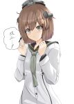  1girl absurdres black_sailor_collar brown_eyes brown_hair cherry_blossoms clenched_hand disuto dress flower grey_neckwear hair_flower hair_ornament headgear headset highres kantai_collection remodel_(kantai_collection) sailor_collar sailor_dress short_hair simple_background solo speaking_tube_headset white_background yukikaze_(kancolle) 