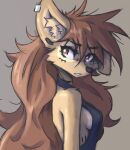 anthro apogee_(tinygaypirate) arm_tuft black_nose breasts brown_background brown_body brown_eyes brown_fur brown_hair bust_portrait canid canine canis cheek_tuft clothing cowlick domestic_dog dress ear_piercing eyebrow_through_hair eyebrows eyelashes facial_markings facial_piercing facial_tuft female floppy_ears fur furgonomics furry-specific_piercing gauged_ear hair hair_over_eye head_markings hi_res inner_ear_fluff long_hair looking_aside looking_back mammal markings messy_hair muzzle_piercing nose_piercing one_eye_obstructed piercing portrait side_boob simple_background slim solo spitz tinygaypirate translucent translucent_hair tuft 